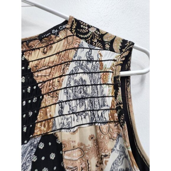 Kim & Cami Womens BOHO Sleeveless Top Small Black Brown Floral Smocked Blouse - Picture 2 of 9